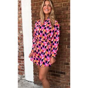Michelle McDowell Womens XL Multi Retro Belted Button Up Boho Mini Dress